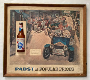Vtg. Pabst Blue Ribbon Beer Car Auto Race Cardboard Framed 23”x 26” Half Bottle