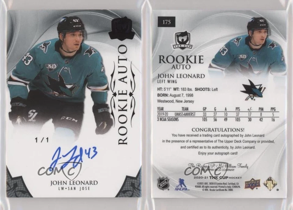 2020-21 Upper Deck The Cup Black Foil 1/1 John Leonard #175 Rookie Auto RC a2v - Image 3 of 3