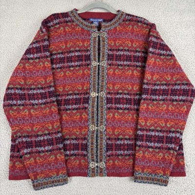VTG Fair Isle Cardigan Womens Lrg Nordic 100% Wool Cabin Metal Clasp Hong Kong