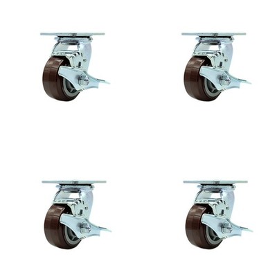 4 Inch Polyurethane Caster Set with Ball Bearings and Brake/Swivel Lock SCC