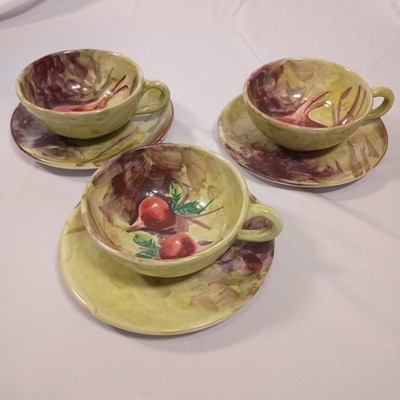 Italy PV Root Vegetable Ceramic Majolica Tea Cup Saucer Set 3 Hand Painted Farm