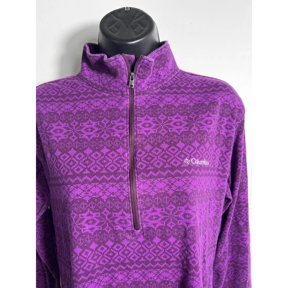Suéter Columbia Pullover Mujer Grande Púrpura Polar 1/4 Cremallera Estampado Nórdico Foto 2 de 4