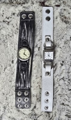 Two Vintage Leather Bracelet Style Watches - Lorena (White) & Unbranded (Black)