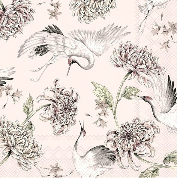 4 x Paper Napkins/3Ply/33cm/Decoupage/Birds/Cranes/Flowers