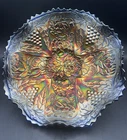 FENTON Iridescent Blue Carnival Glass "Lotus & Grape" Ruffled Bowl (8" Diameter)