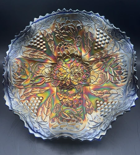 FENTON Iridescent Blue Carnival Glass "Lotus & Grape" Ruffled Bowl (8" Diameter)