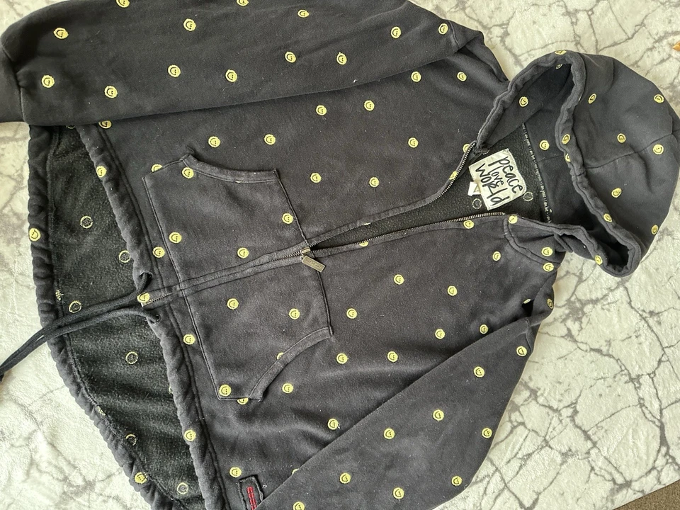 Peace Love World Hoodie Women S/M Black/yellow smiley faces Full Zip, Hippie, - Image 3 of 4