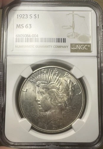 1923-S Peace Silver Dollar $1, NGC MS63, Choice Uncirculated BU
