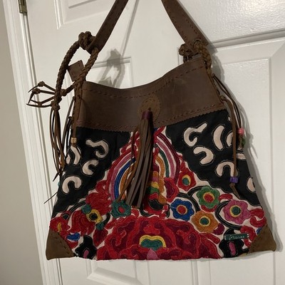 Pranee Brooklyn Collection Leather Tote Shoulder Bag Embroidered Artisan Made