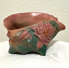 Roseville Water Lily 448-8 Planter Pink Green Floral Ceramic Matte Backstamp