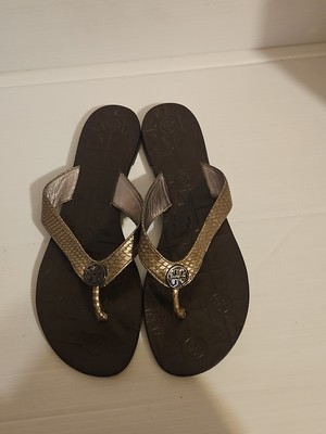 Tory Burch Thora Sandals Snakeskin Embossed Leather Flip Flops Brown Size 9