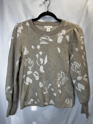 Cynthia Rowley Women's S Floral Metallic Knit Crewneck Pullover Sweater Beige