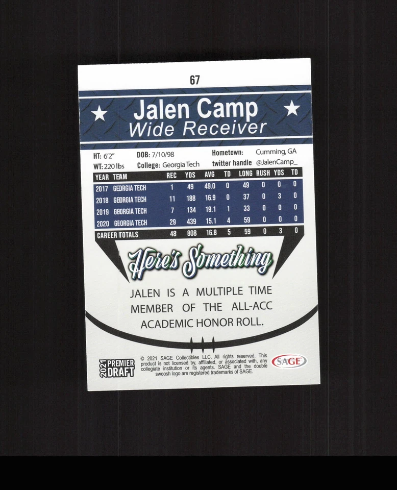 2021 SAGE Premier Draft #67 Jalen Camp  ROOKIE CARD - Image 2 of 2