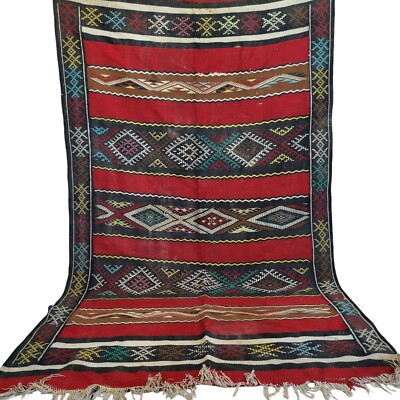 Rare Vintage Moroccan Berber Rug Handwoven Tribal Kilim Azilal Rug Red Carpet