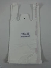 500 Qty. White Plastic T-Shirt Retail Shopping Bags w/ Handles 8"x5"x16" Sm
