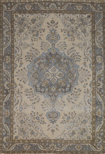 Traditional Vintage Beige Handmade Wool Tebriz Area Rug 7x10 Floral Carpet