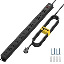1875W 12-Outlet Heavy Duty Power Strip with Surge Protector,15FT/14AWG Extension