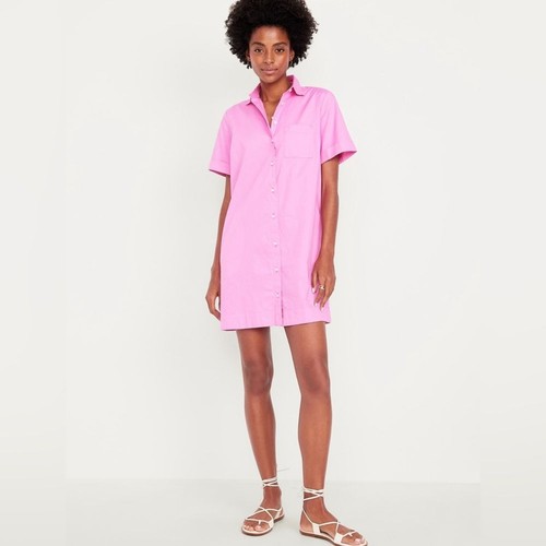 Neu mit Etikett! Old Navy Vivid Begonia Pink Cotton Button-Down Mini Shirt Dress - Large - Bild 3 von 8