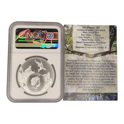 2021 Cook Islands Silver Alabama Yellowhammer $5 State Animal NGC MS 70 7k 7B
