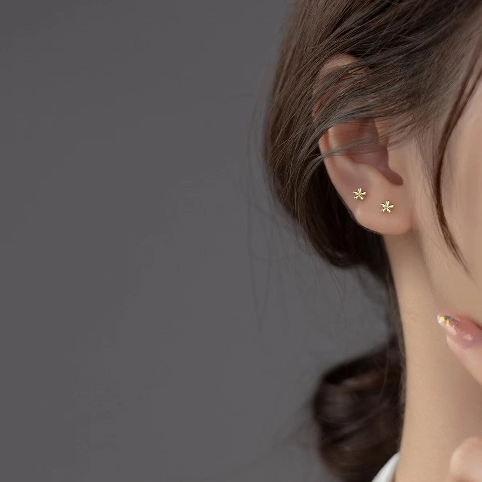 Womens Tiny Gold Flower Screw Back Stud Earrings Dainty Jewelry Surgical Steel - Image 4 of 4