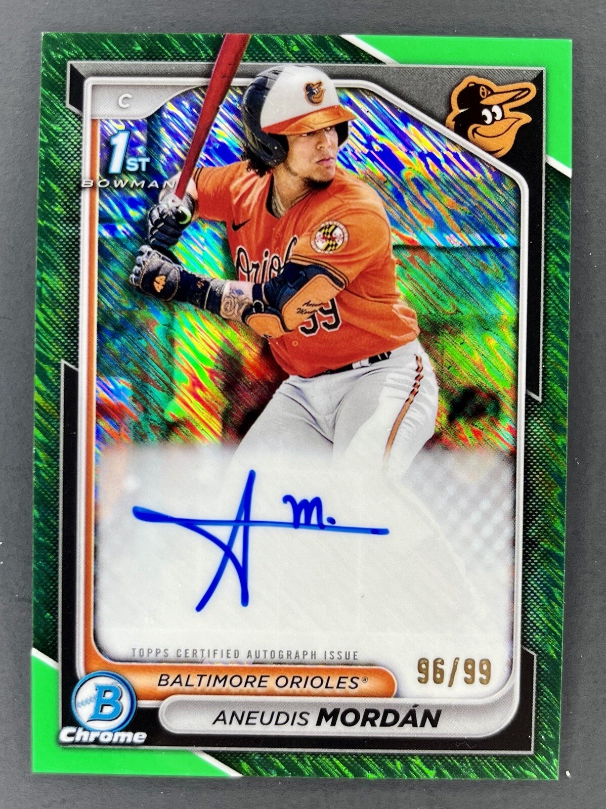 2024 Bowman Chrome Aneudis Mordan 1st Bowman Autograph Green /99 Orioles CPA-AMO