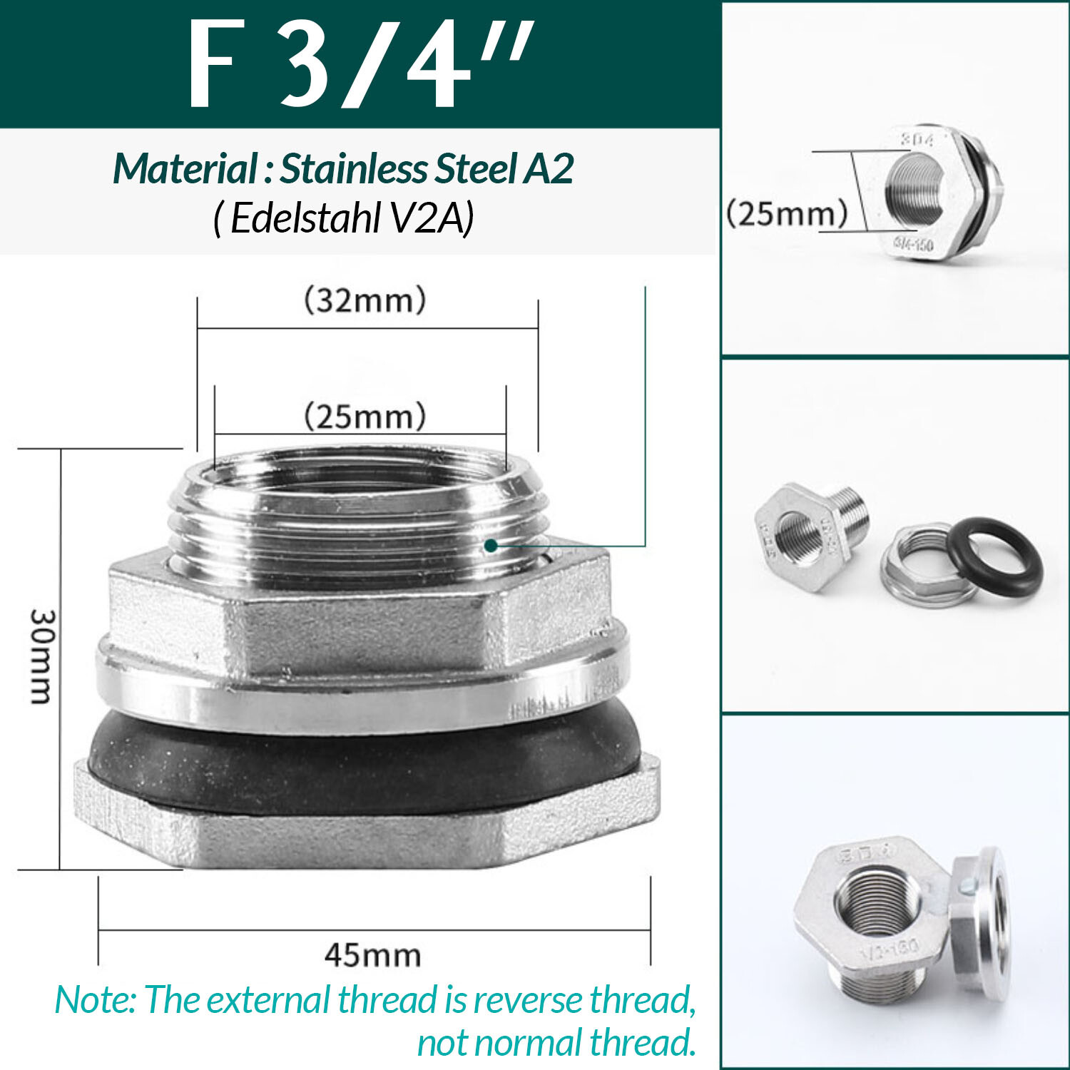 QUARKZMAN Schottverschraubung 3/4" Weiblich 304 Edelstahl - 2 Stück Wassertankadapter Mit Dichtungen