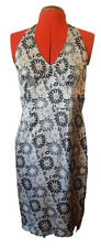 ENCHANTED Ann Louise Roswald 100% silk halterneck pencil dress grey blue UK 12 