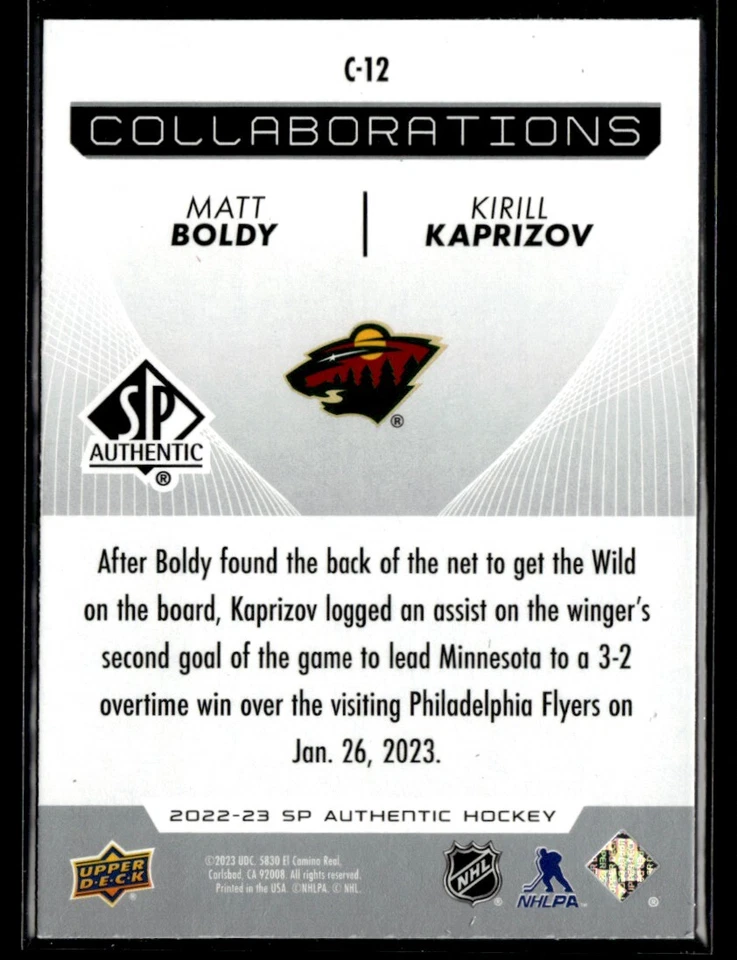 2022-23 SP Authentic Collaborations Matt Boldy / Kirill Kaprizov #C-12 - Image 2 of 2