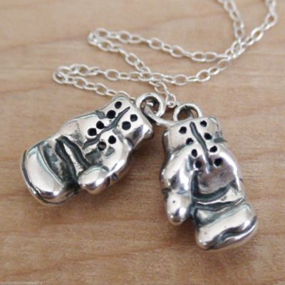 Boxing Gloves Necklace 925 Sterling Silver 3D Charm Sport MMA Boxer Gift 