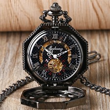 Retro Steampunk Mechanical Pocket Watch Black Pendant Chain Roman Numerals Dial