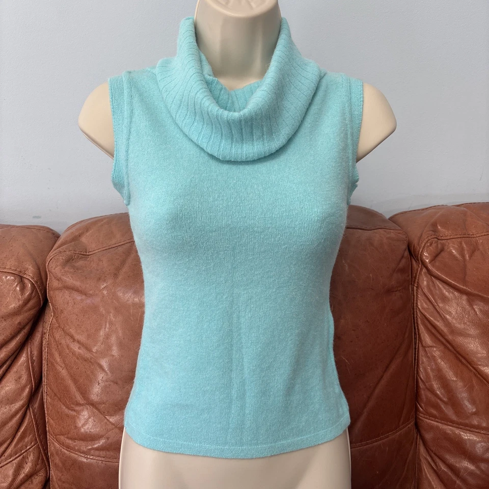 Vintage JANE NORMAN Turquoise Angora Blend Cowl Neck Sleeveless Jumper UK10 B28" - Image 2 of 4