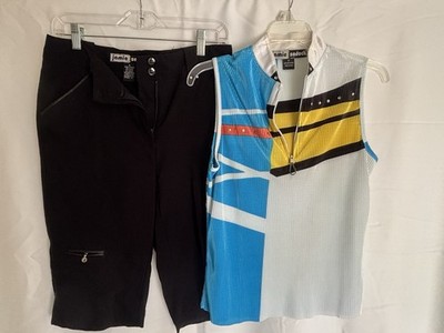 Jamie Sadock Crop Pants with Shirt.  Black pants and colorful top. 