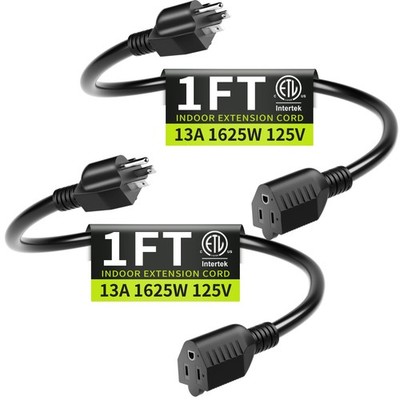 Seeklyze 16/3 Black Extension Cord 1FT 2Pack Indoor, Short Extension Cord