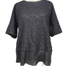 Banana Republic Womens Black Floral Lace Short Sleeve Blouse Exposed Zipper S