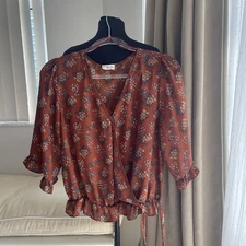 Sienna Sky Wrap Top Blouse 3/4 Sleeve Rust Brown Floral V Neck Tie Front L