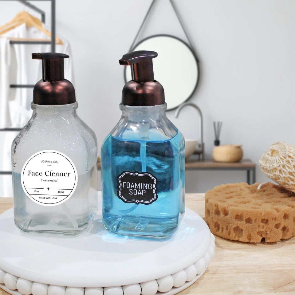 Dispensador de jabón espumoso de vidrio cuadrado de 16 oz 2 unidades botella de espuma transparente con bomba de bronce Foto 2 de 4