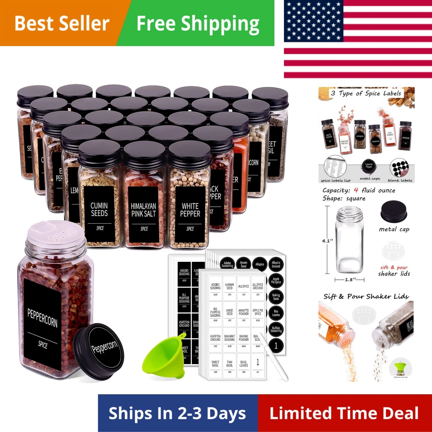 36 Spice Jars with 547 Labels- Glass Spice Jars with Black Metal Caps, 4oz Em...