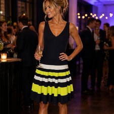 Joseph Ribkoff Navy Blue Neon Yellow Striped Fit Flare Dress V-Neck Size 8