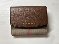 Burberry Tri-Fold Wallet Brown Leather Vintage Check Canvas Compact Snap Closure