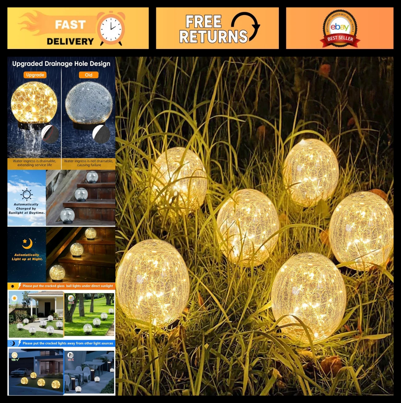 Solar Garden Lights 6 Pack - Waterproof LED Cracked Glass Ball Decor for Pathway