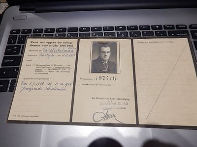 Belgium Belgian ID CARD  war services for combatants 1940-1945 ENTITLEMENT etc 