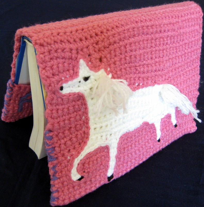 HANDMADE Knit CROCHET Pink BOOK or PHOTO Album COVER White UNICORN Horse TIFFANY