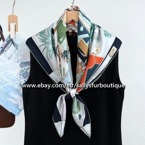 Sallys Boutique 14 Momme Twill Silk Wrap Scarf Suitcase Print Square Shawl 90cm - Afbeelding 27 van 37