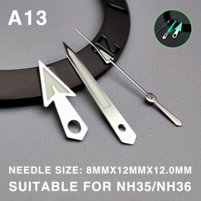 Green Lume Arrow Shape Silver Trim 12mm Watch Hands for 35/NH36/NH38
