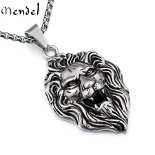 MENDEL Mens Lion Head Necklace Stainless Steel King Pendant Punk Chain Silver