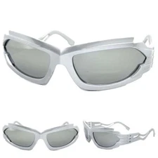 Classic Hardcore Modern Biker Wrap Sporty SUN GLASSES Silver Frame Chrome Lens