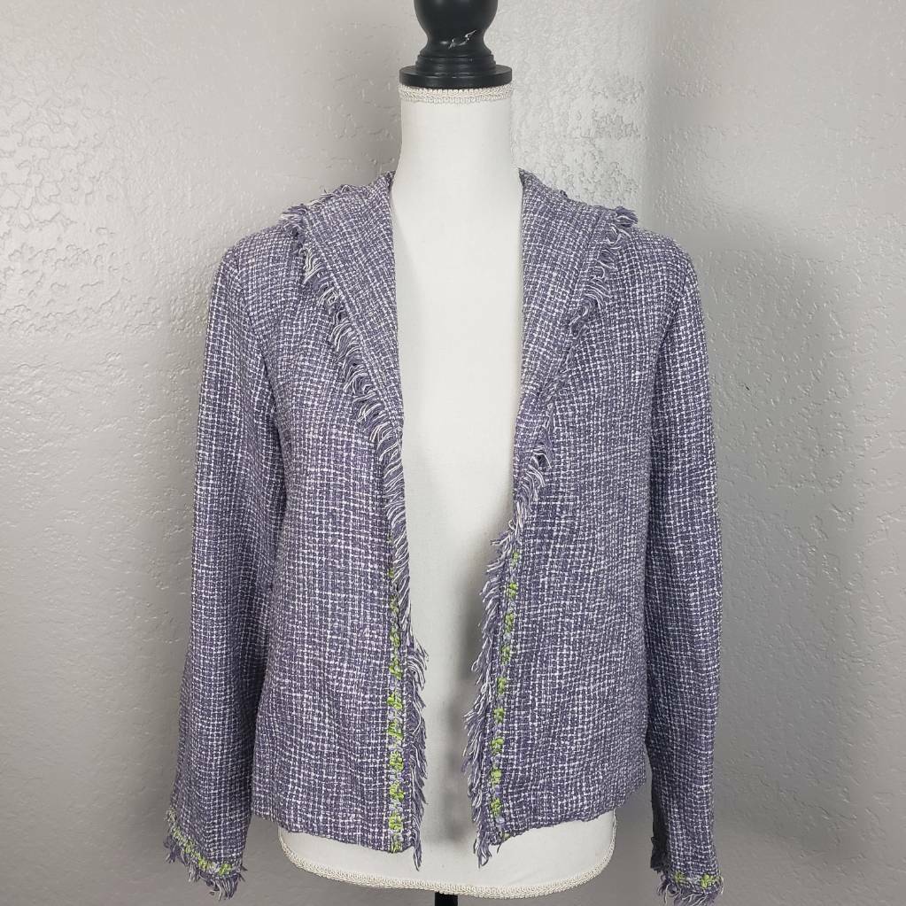 Blazer giacca aperto davanti seta pony dipinto viola bianco tweed frange donna XS