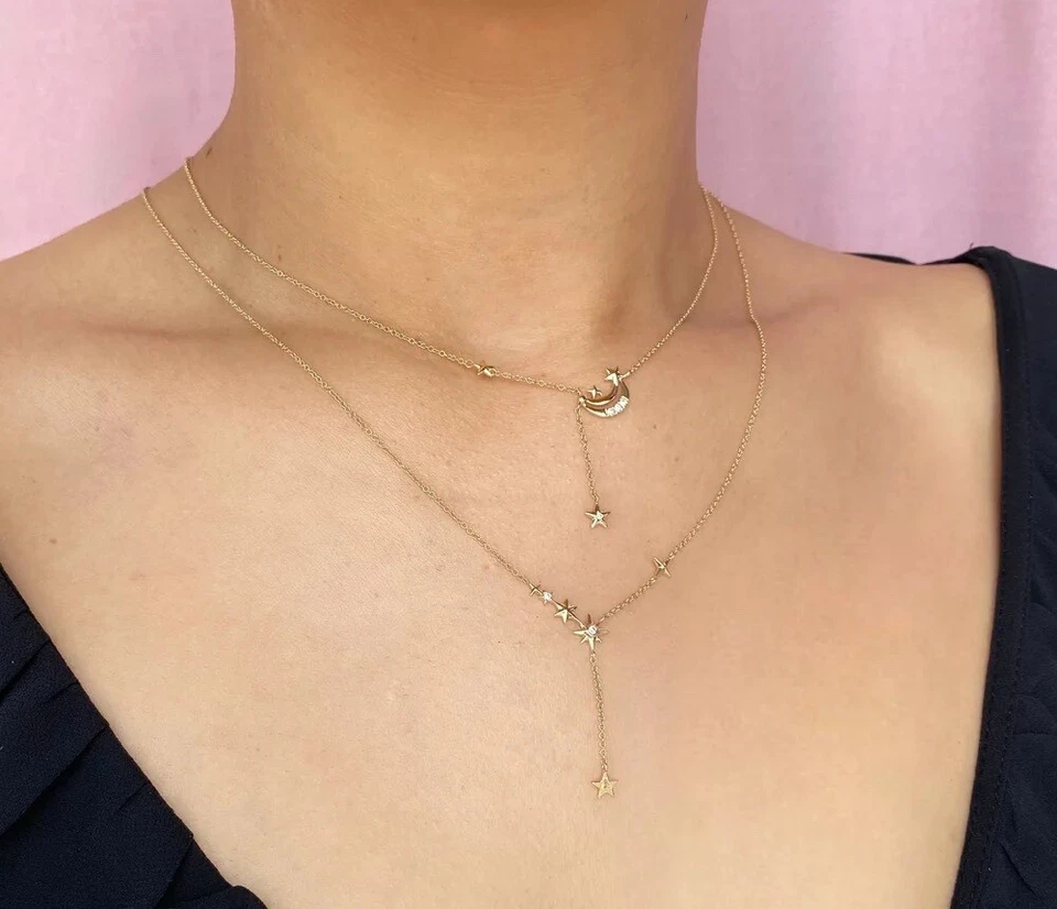 Collar Lariat Estrella Diamante Oro Blanco 14K Corte Redondo Natural 0.07 CT Foto 2 de 4