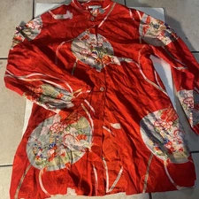 Citron Red Silk Butterfly Print Button Down Shirt Womens L Long Sleeve Top