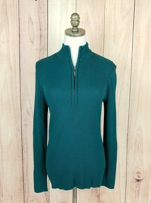Boston Proper Ribbed Half Zip Pullover Sweater Women Size M Dark Green Mock Neck